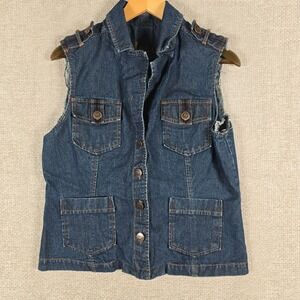CJ Blue Denim Vest Women Large Frayed Jean Jacket Sleeveless Moto Trucker Pocket